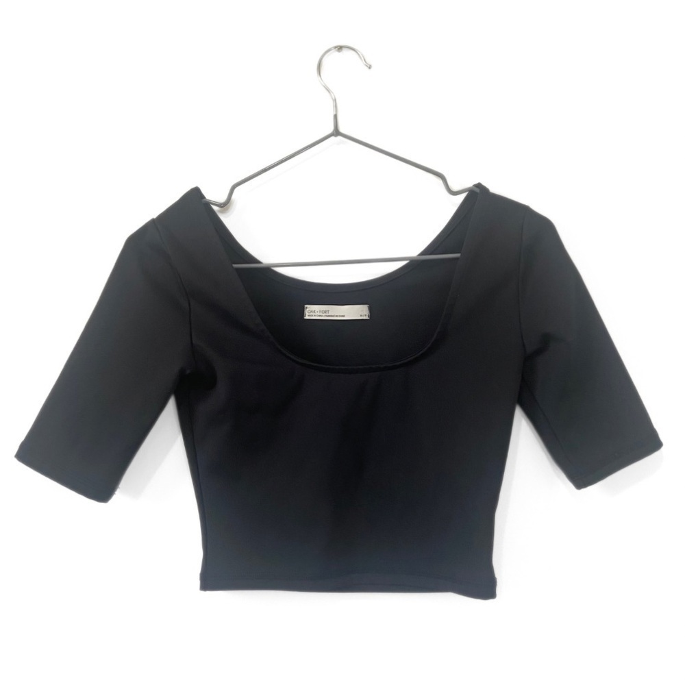 Oak + Fort Black Scoop-Neck 3/4 Sleeve Crop Top Size XS